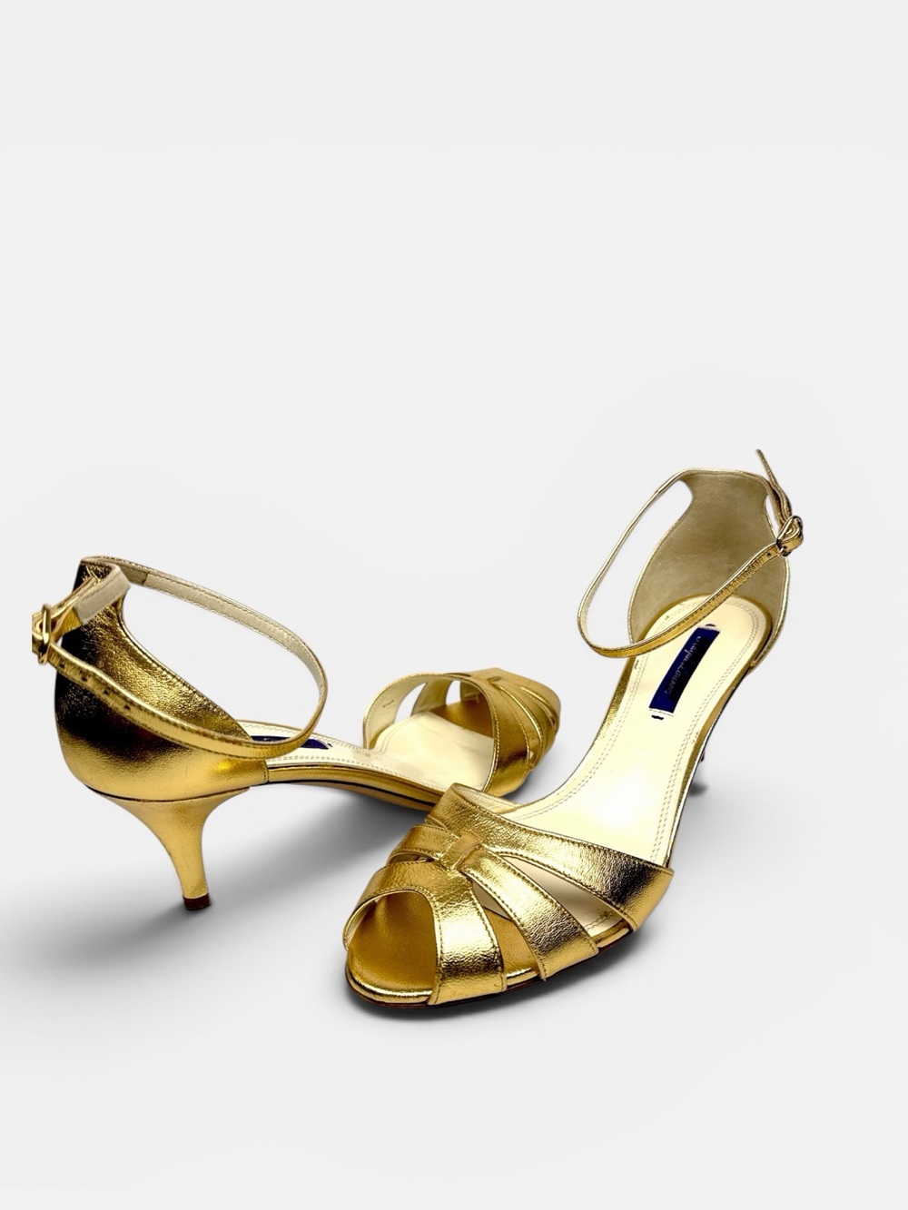 Ralph Lauren Purple Label Gold Ankle Strap Low Stiletto Heel Sandals 38B US 7,5